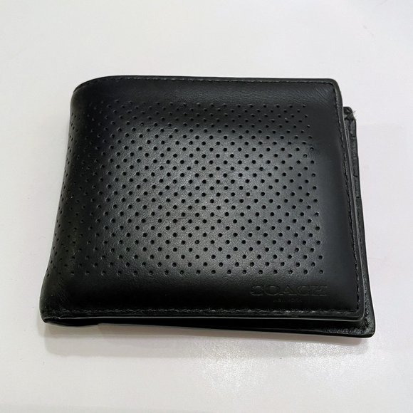 Coach New York Black Perforated Leather Bifold Wallet & Removable Compact Wallet - Picture 2 of 14